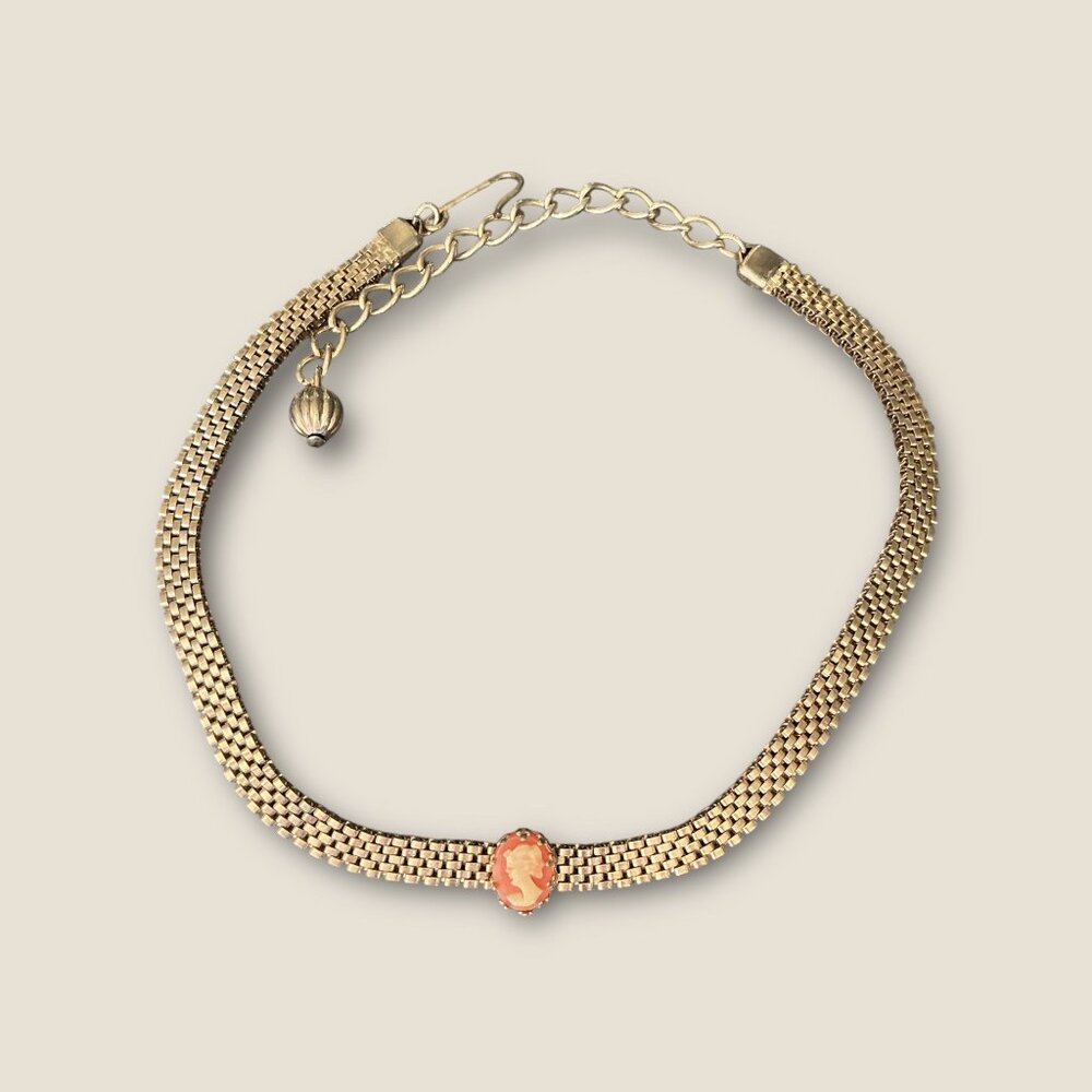 Vintage Dainty Cameo Retro Mesh Necklace Adjustable 11-14 Inches Gold-Tone - Picture 4 of 5